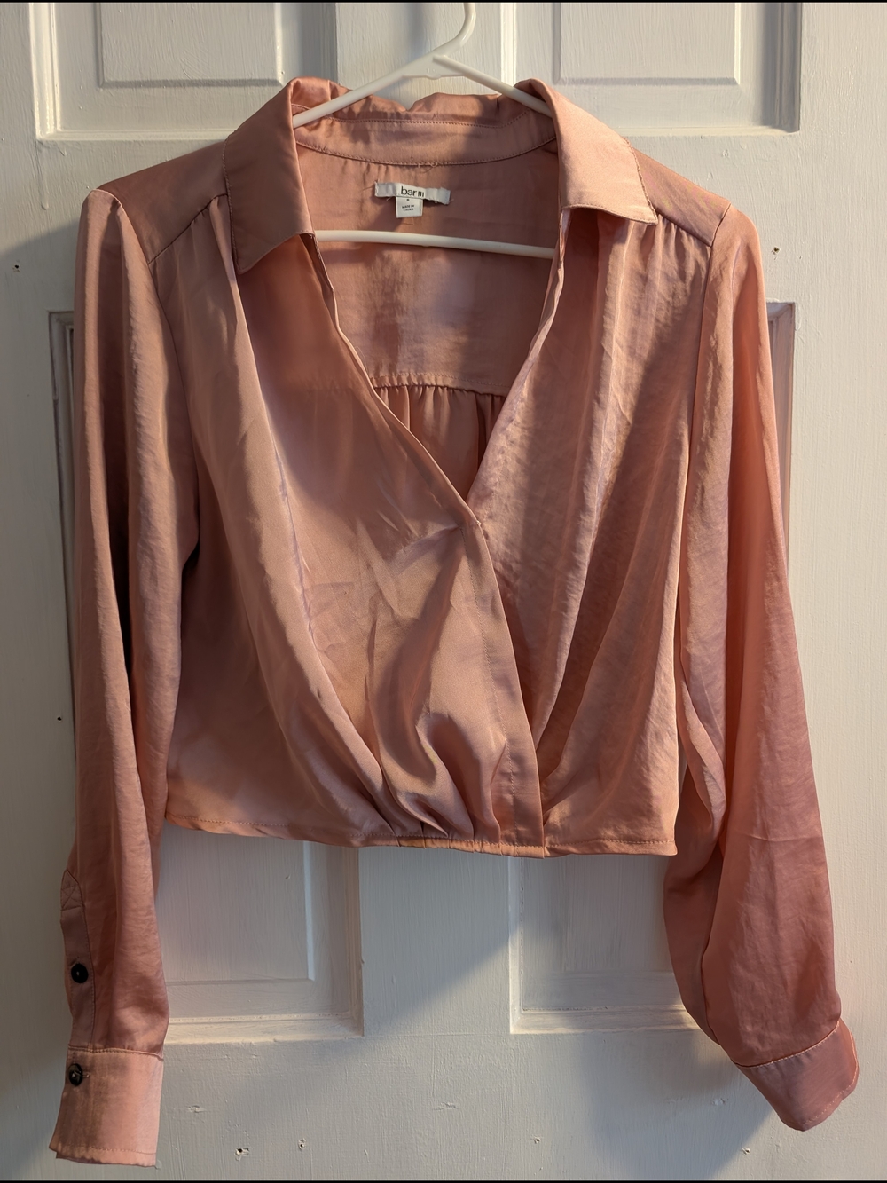 Bar III Blush Pink Satin-Effect Surplice Button-Down Shirt